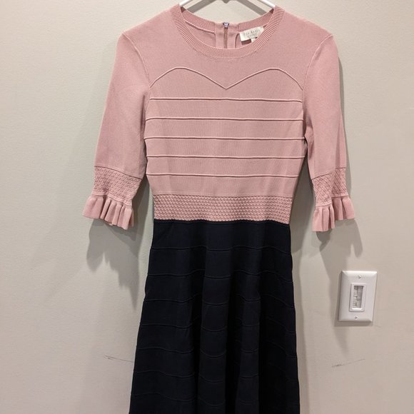 Ted Baker Dyana Frill Knitted Fit & Flare Dress Pink & Navy 2 - Picture 5 of 7